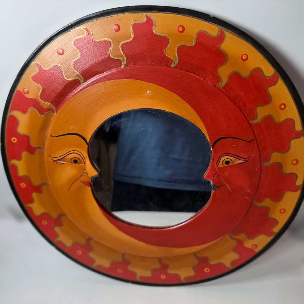 VTG 90s Celestial Sun Moon Wood Mirror Large 16.5 Hand Painted Bohemian Wall Art